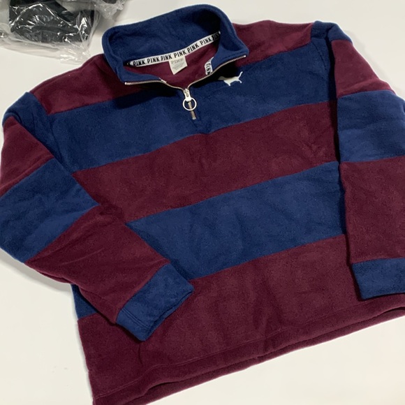 PINK Victoria’s Secret Maroon & Navy Striped 1/4 Zip Polar Fleece Pullover-6031 - Picture 5 of 9